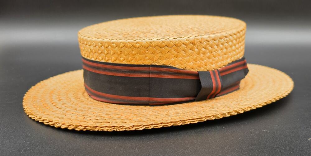 Vintage Dobbs Fifth Ave Tan Straw Boater Hat w/ Black & Red Ribbon 6oz - Nice